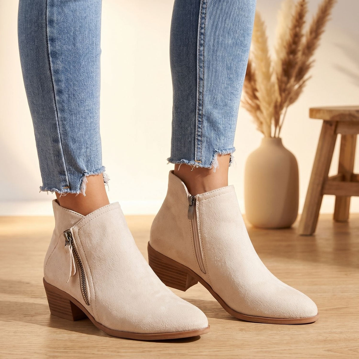 Women's Orthopedic Zip-Up Ankle Boots in Soft Suede-Look Finish - Beige