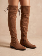 Women's Flat Over-the-Knee Faux Suede Boots with Tie Back