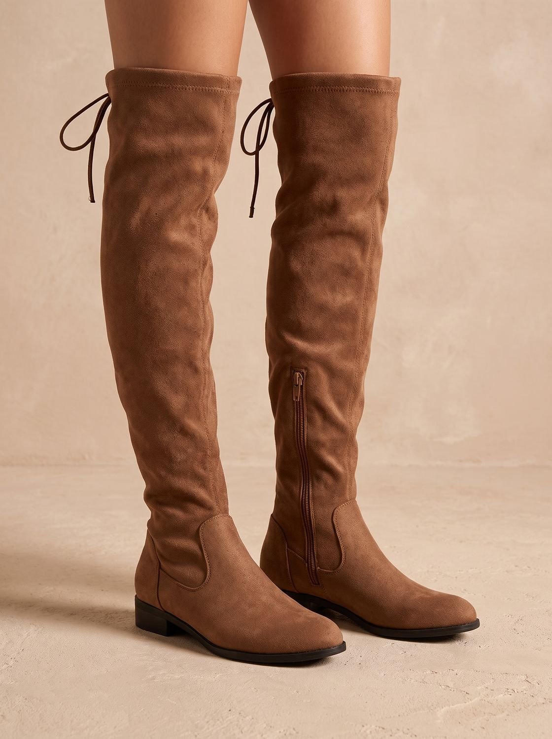 Women's Flat Over-the-Knee Faux Suede Boots with Tie Back