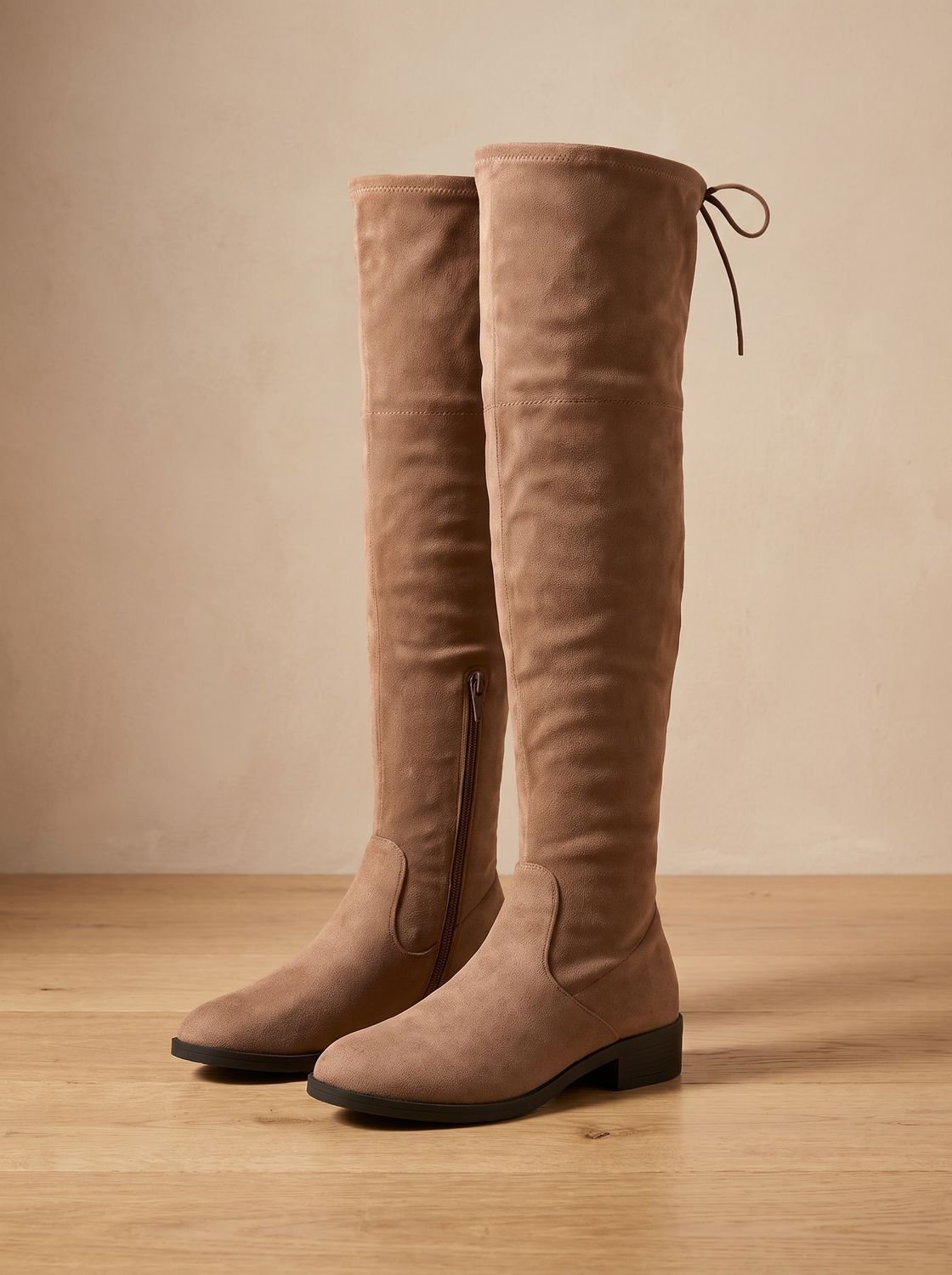Women's Flat Over-the-Knee Faux Suede Boots with Tie Back - Brown