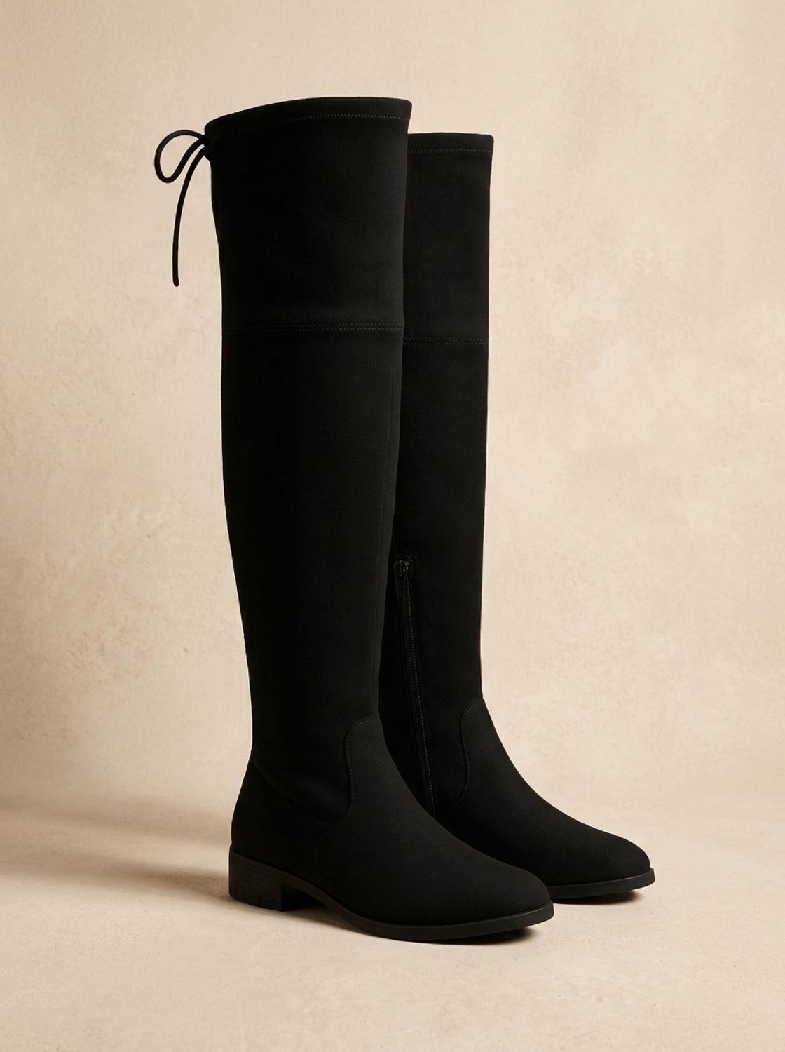 Women's Flat Over-the-Knee Faux Suede Boots with Tie Back - Black