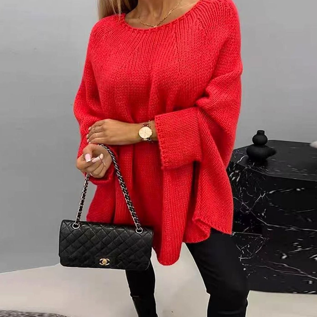 Women's Batwing Sleeve Chunky Knit Tunic Jumper with Crew Neck - Red