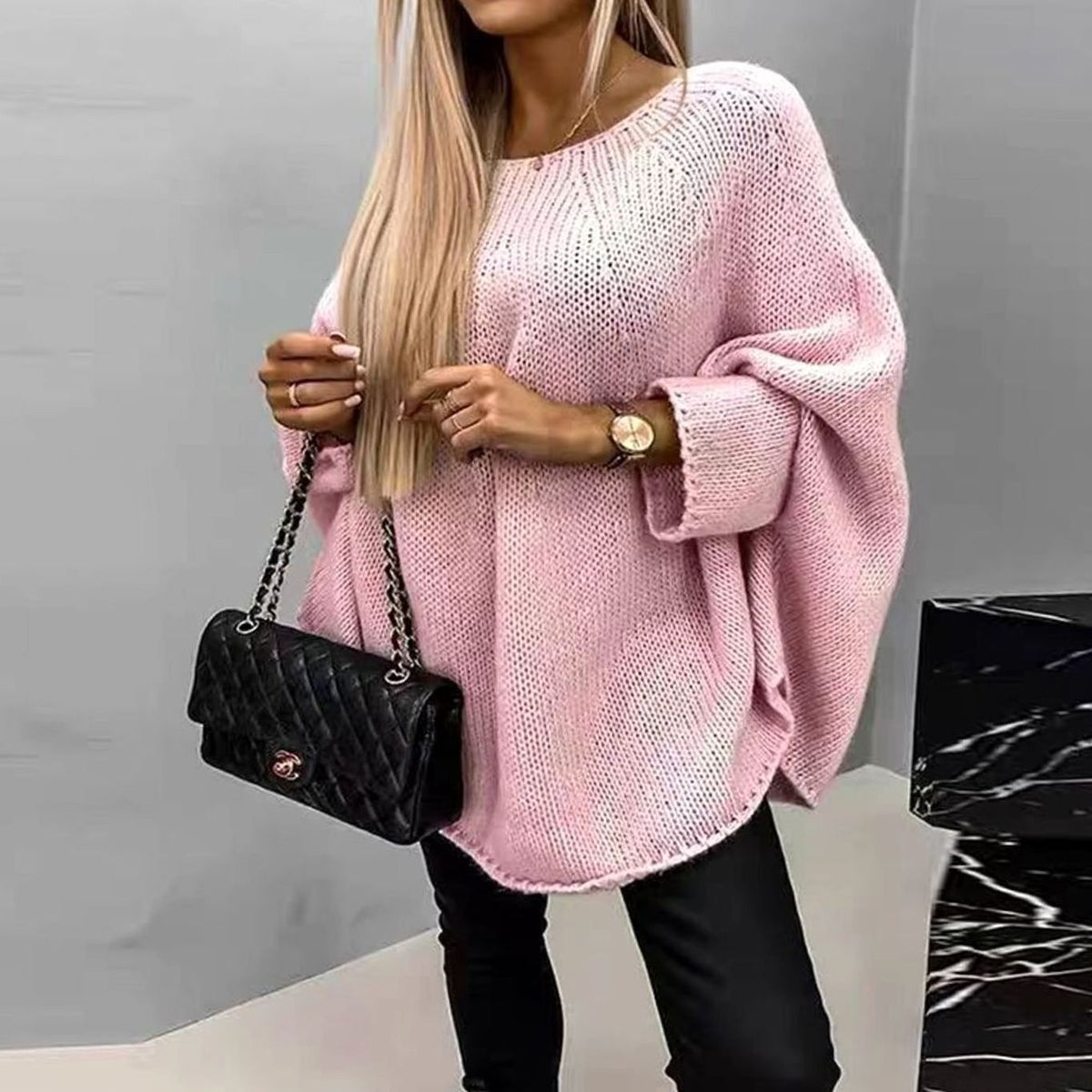 Women's Batwing Sleeve Chunky Knit Tunic Jumper with Crew Neck - Pink