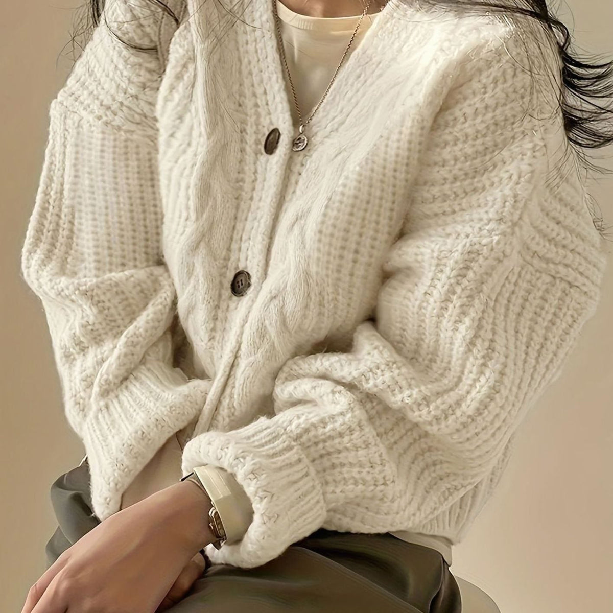 Women's Roomy Thick-Cable Cardigan with Horn-Style Button Front - Apricot