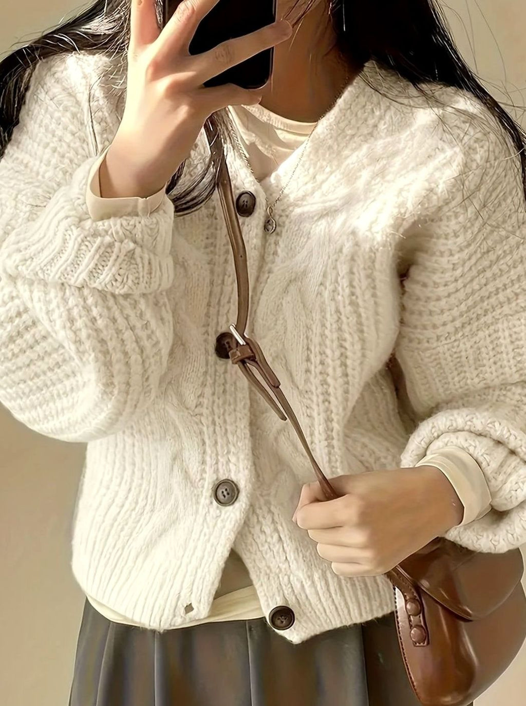 Women's Roomy Thick-Cable Cardigan with Horn-Style Button Front