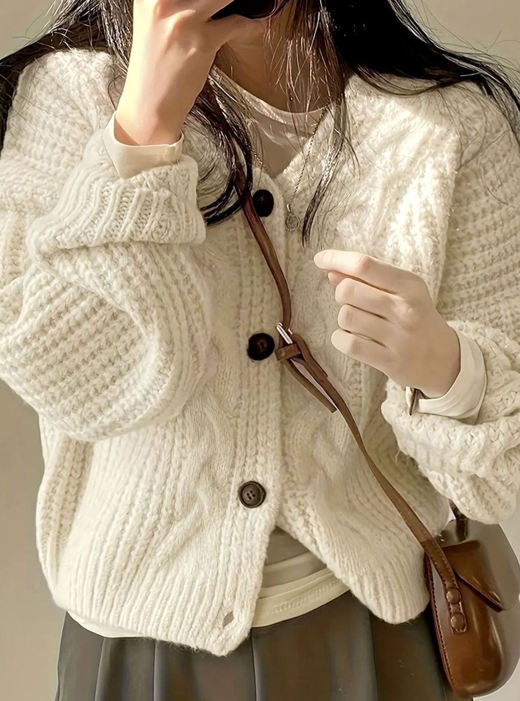 Women's Roomy Thick-Cable Cardigan with Horn-Style Button Front