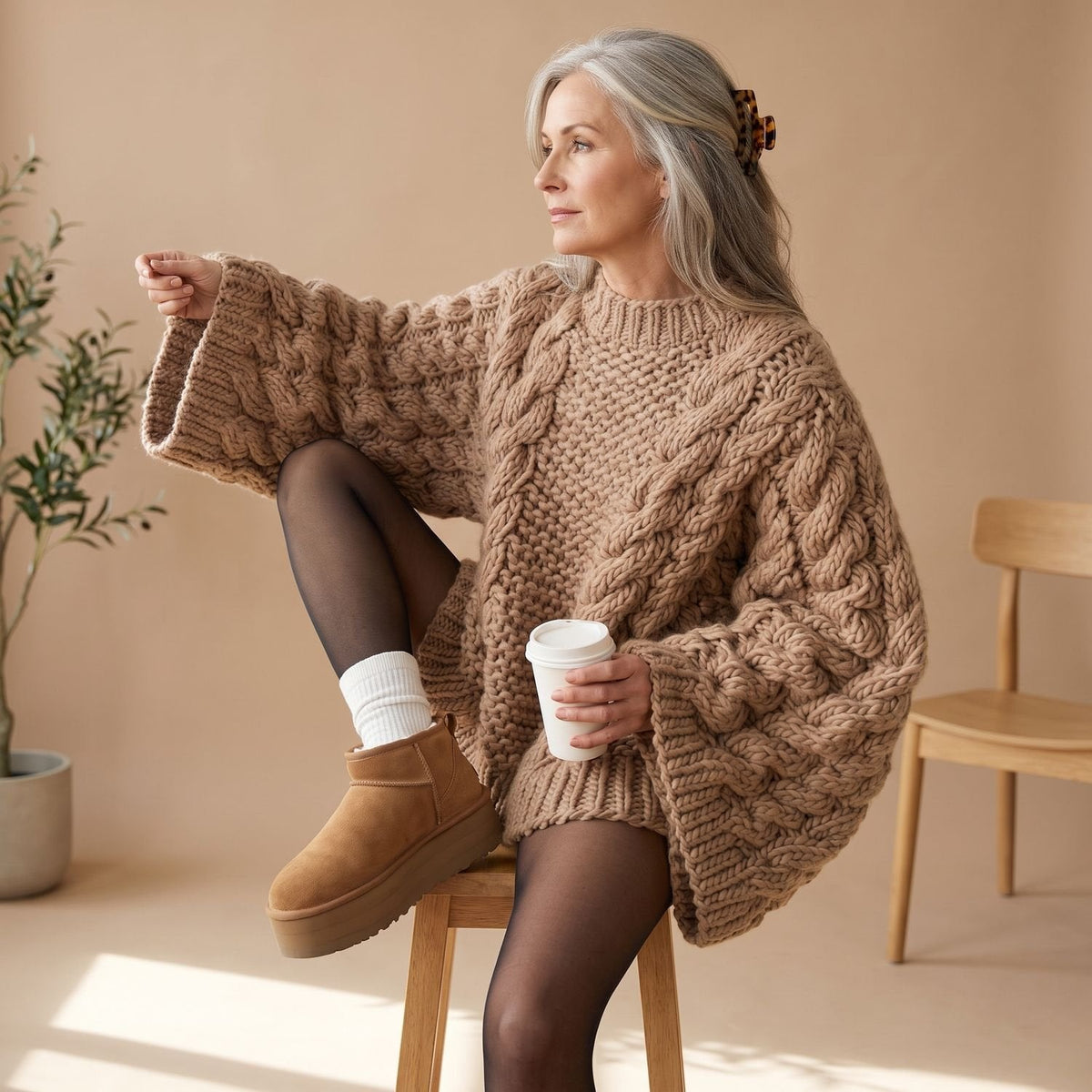 Women's Chunky Cable-Knit Jumper with Generous Sleeves - Khaki