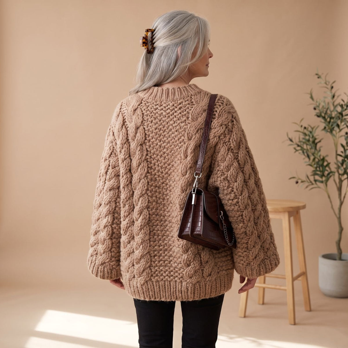Women's Chunky Cable-Knit Jumper with Generous Sleeves
