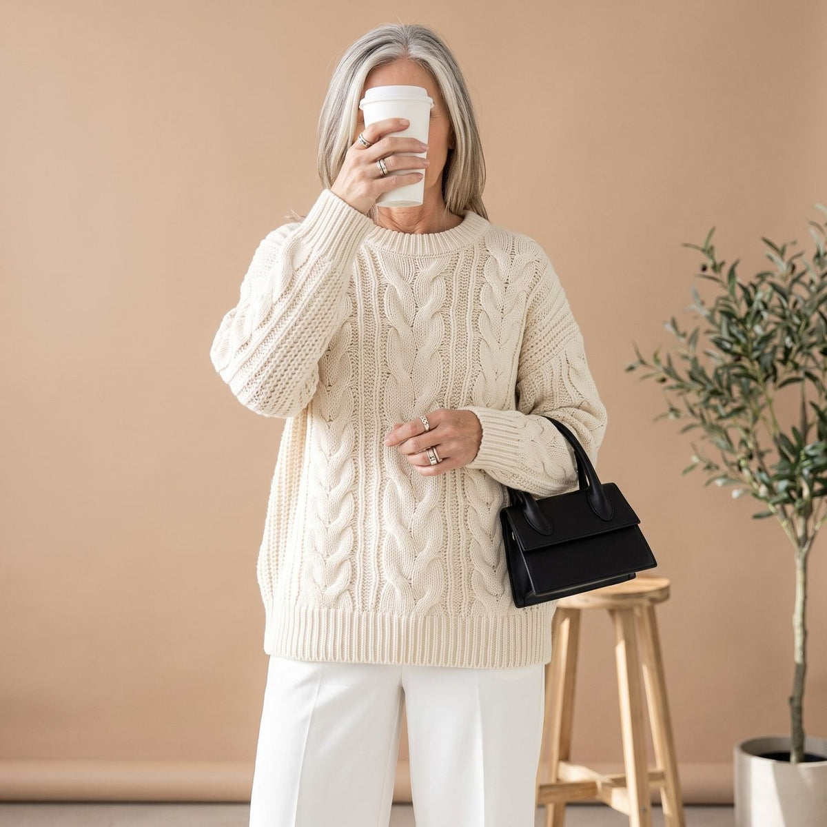 Women's Chunky Cable-Knit Jumper with Generous Sleeves - White