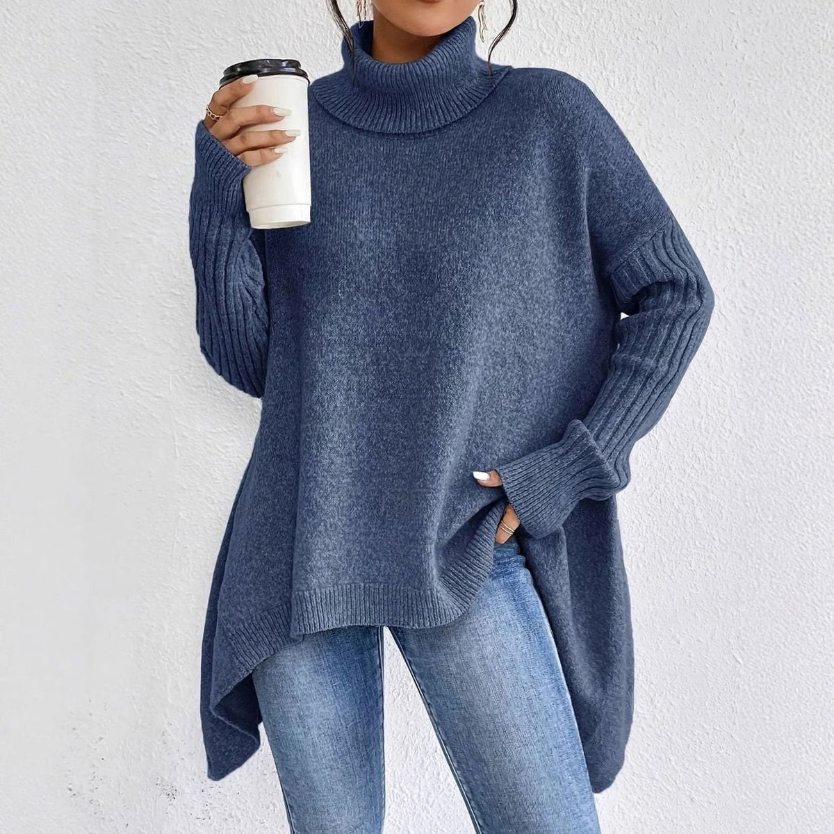 Women's High-Low Hem Oversized Ribbed Roll Neck Jumper - Navy