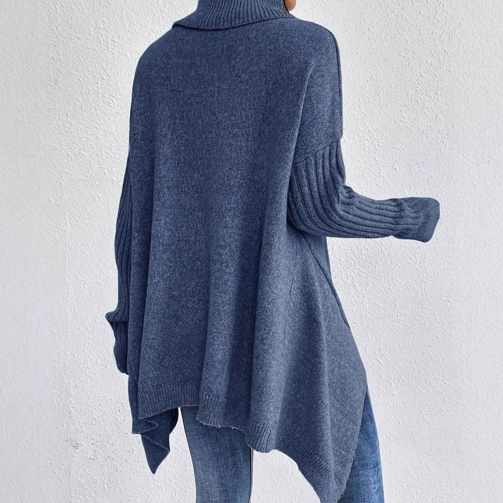 Women's High-Low Hem Oversized Ribbed Roll Neck Jumper