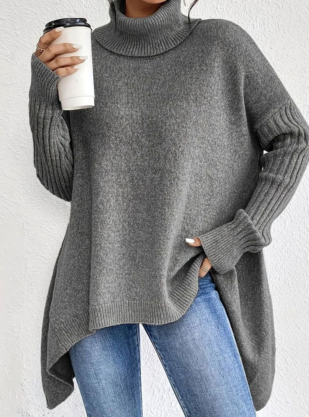 Women's High-Low Hem Oversized Ribbed Roll Neck Jumper - Grey