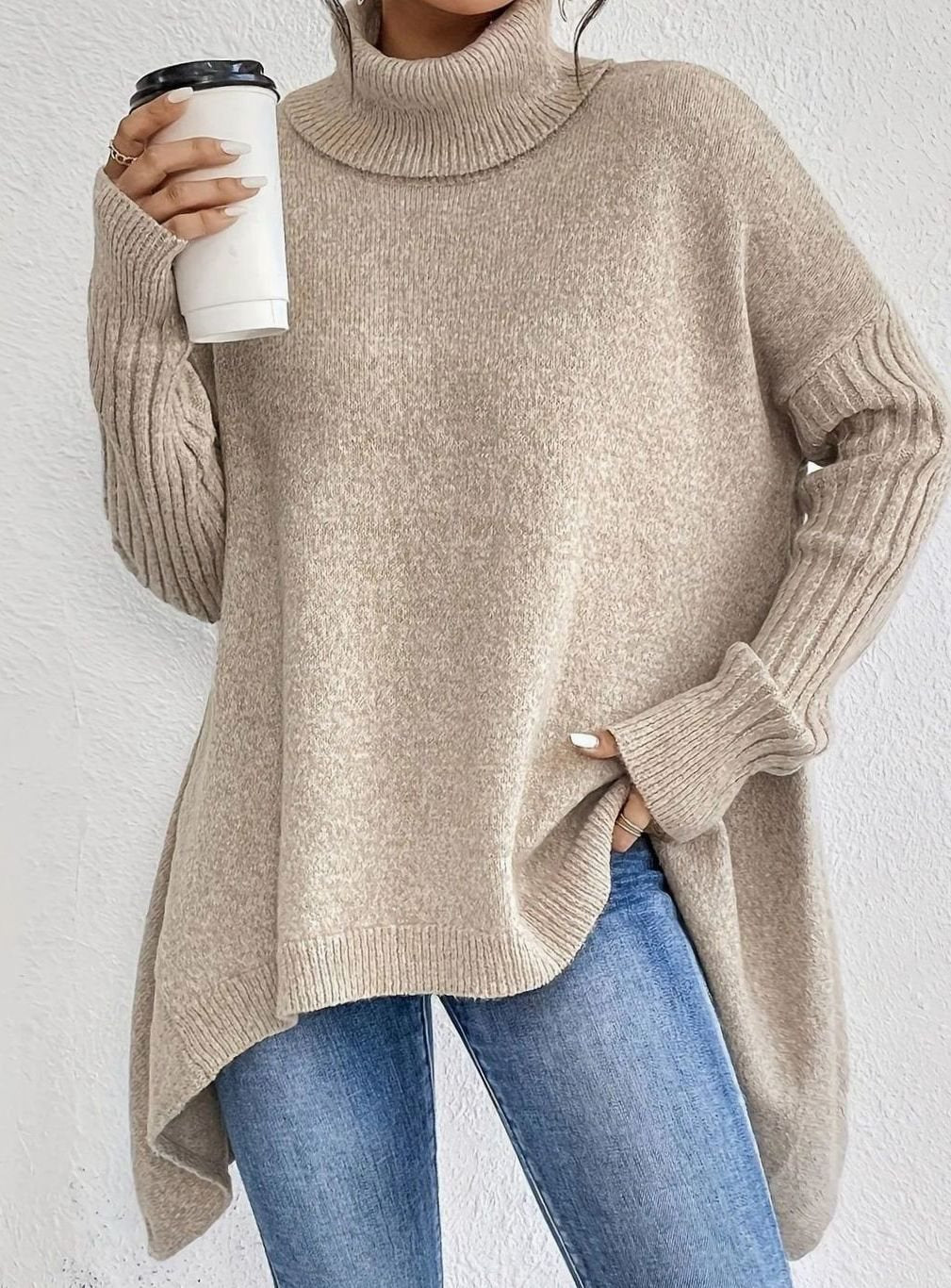 Women's High-Low Hem Oversized Ribbed Roll Neck Jumper - Apricot