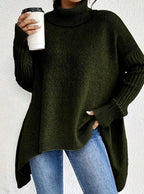 Women's High-Low Hem Oversized Ribbed Roll Neck Jumper - Dark Green