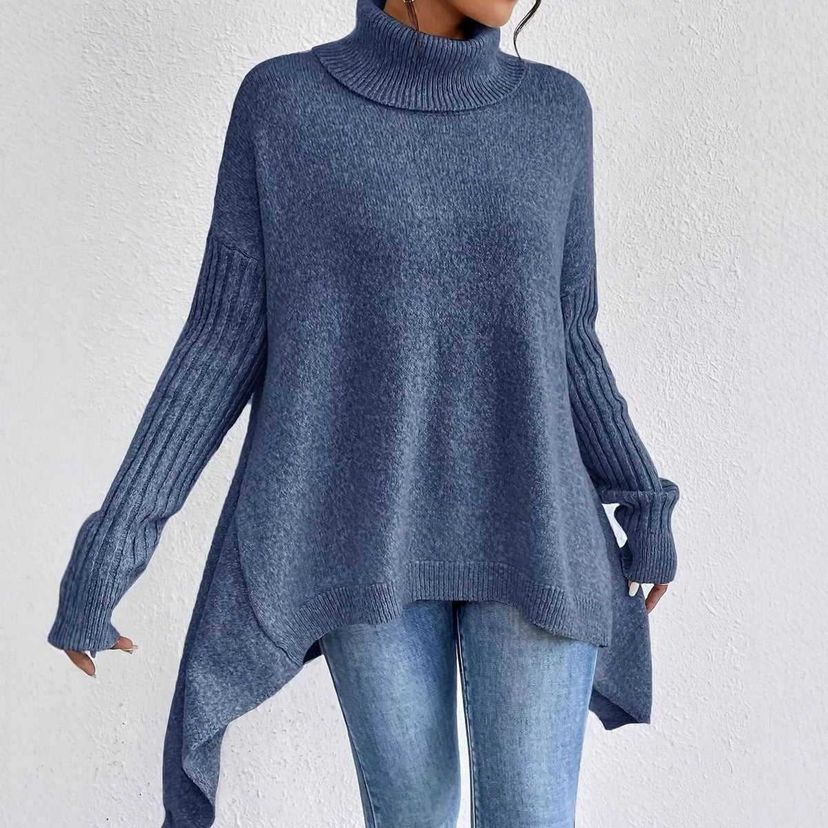 Women's High-Low Hem Oversized Ribbed Roll Neck Jumper