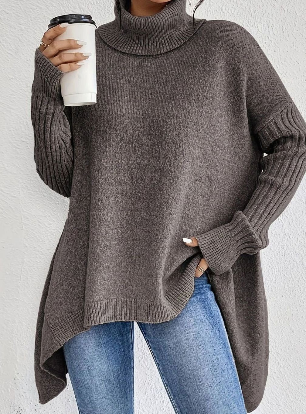 Women's High-Low Hem Oversized Ribbed Roll Neck Jumper - Light Brown