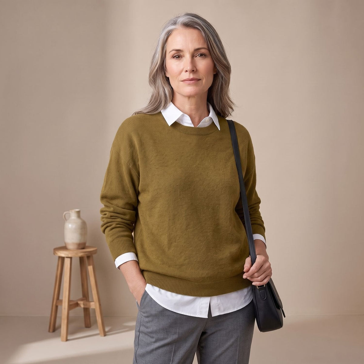 Women's Roomy Crew Neck Jumper for Smart-Casual Layering - Khaki