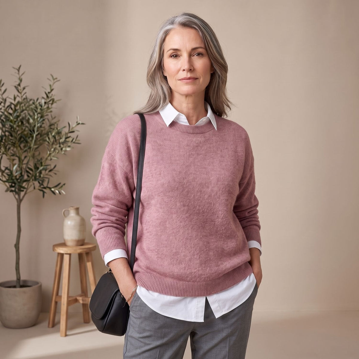 Women's Roomy Crew Neck Jumper for Smart-Casual Layering - Pink