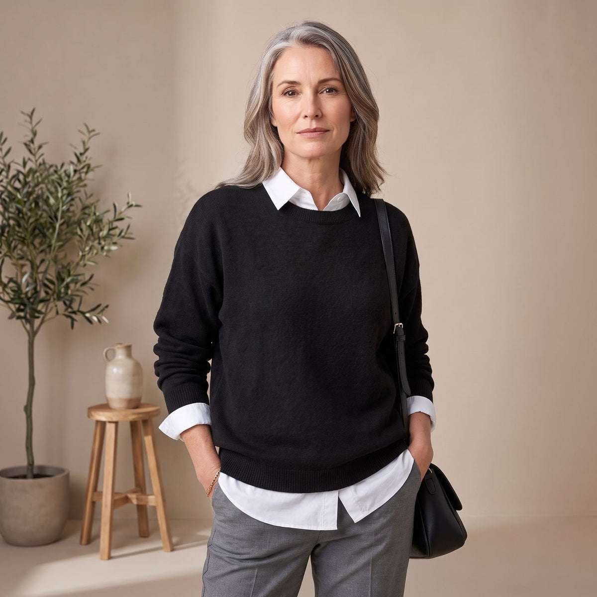Women's Roomy Crew Neck Jumper for Smart-Casual Layering - Black