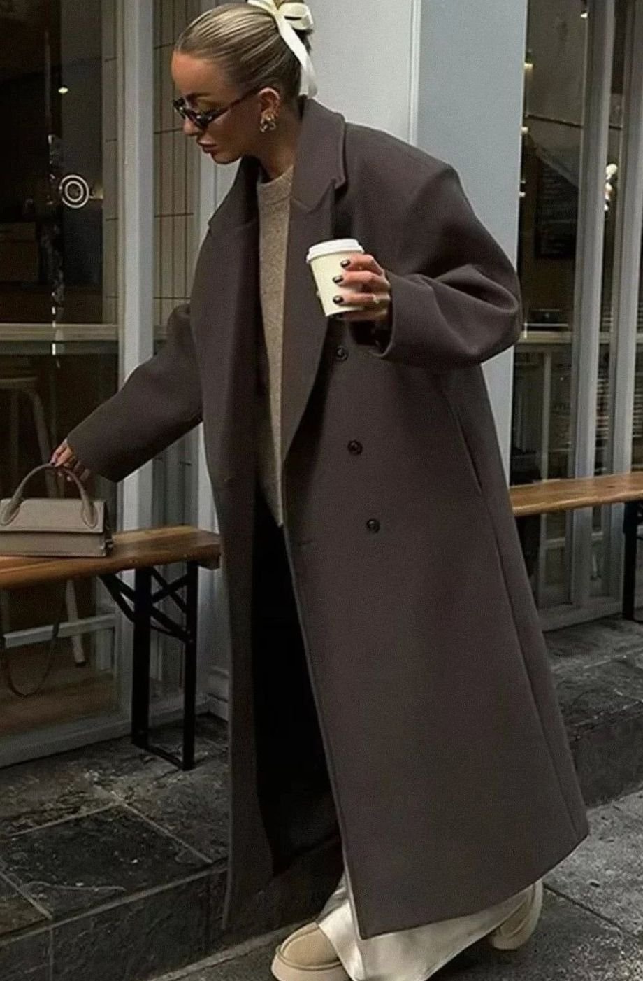 Women's Roomy Near-Ankle Double-Breasted Coat - Brown