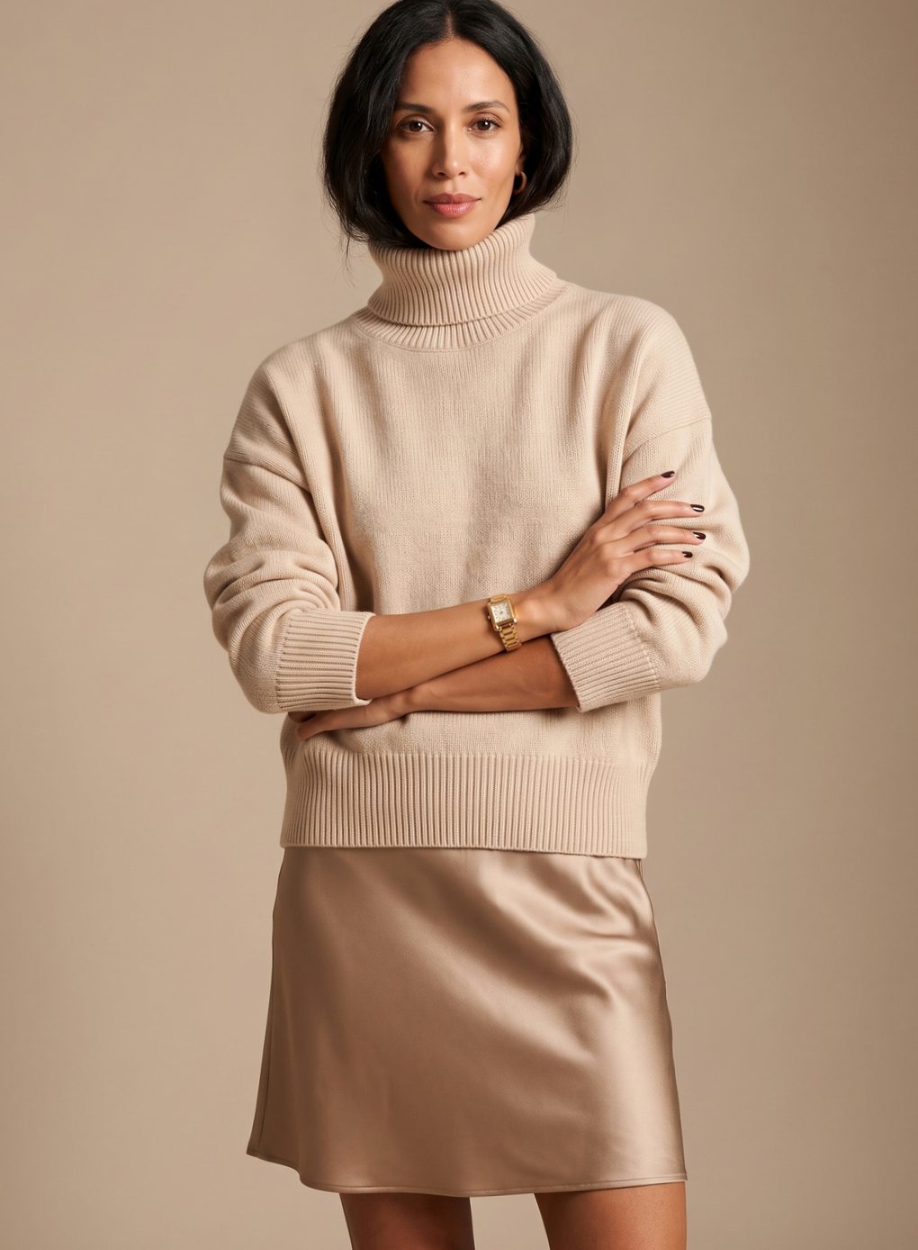 Women's Relaxed Oversized Soft Knit Jumper with High Rib Collar - Beige