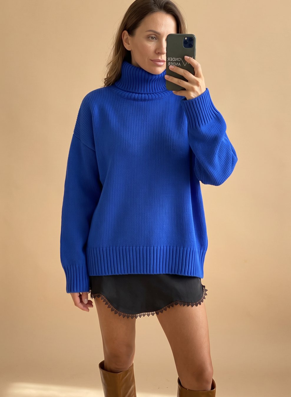 Women's Relaxed Oversized Soft Knit Jumper with High Rib Collar - Blue