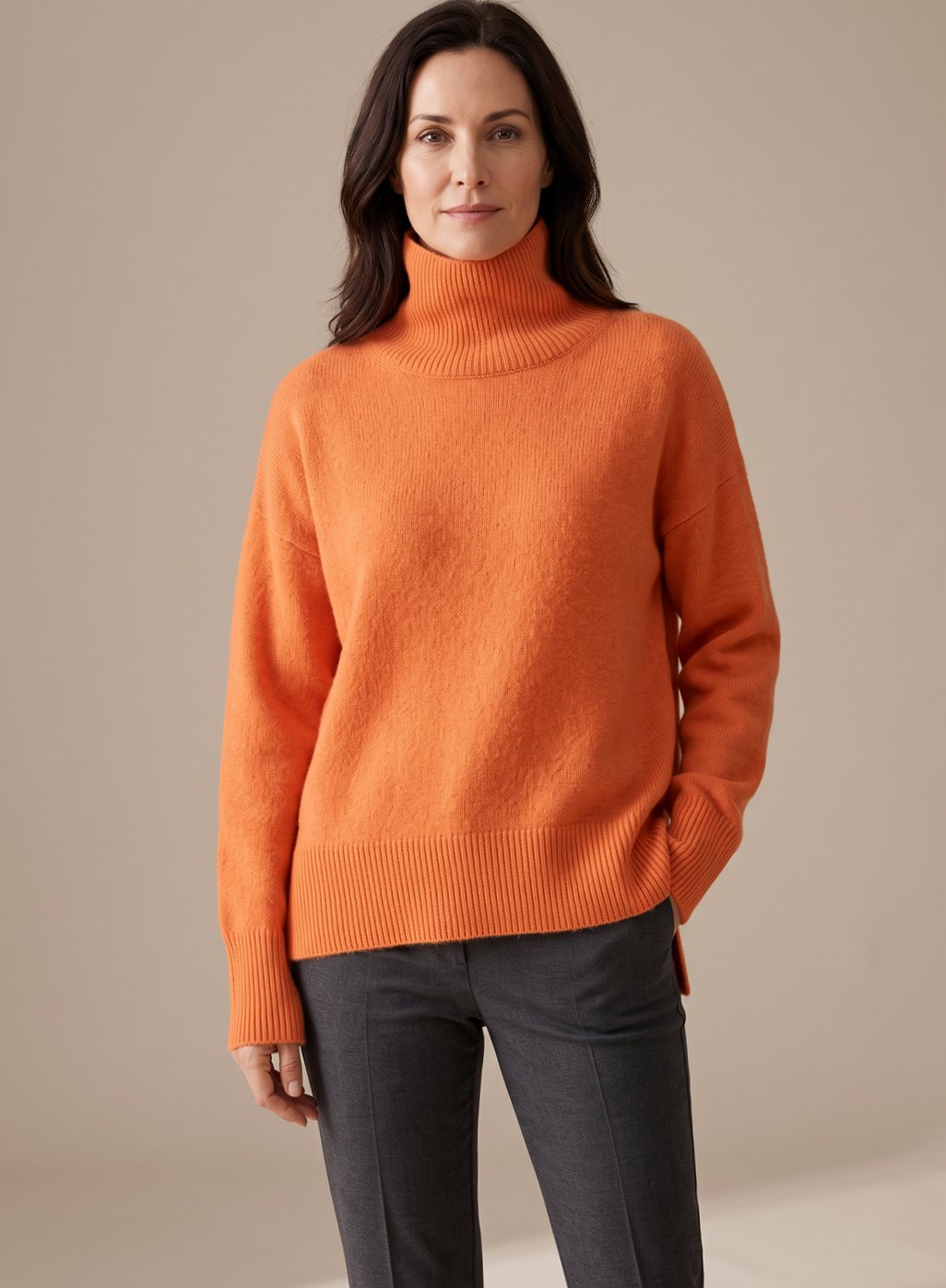 Women's Relaxed Oversized Soft Knit Jumper with High Rib Collar - Orange