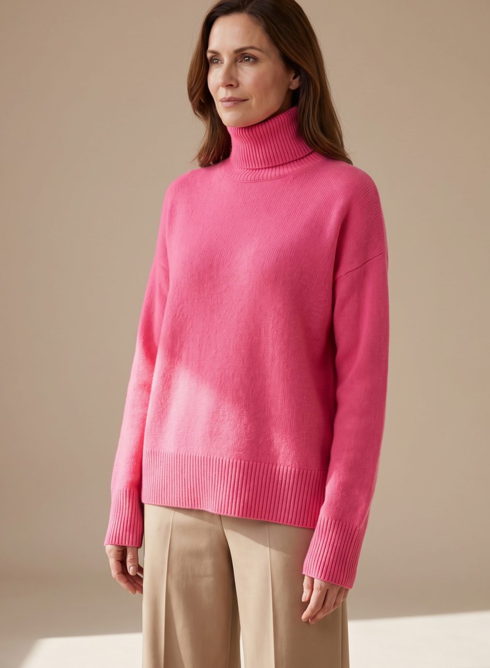 Women's Relaxed Oversized Soft Knit Jumper with High Rib Collar - Pink