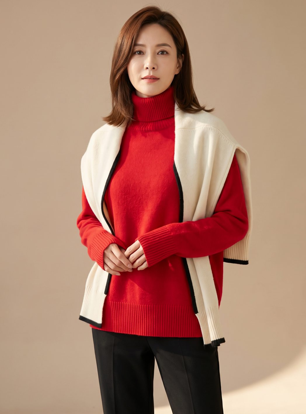 Women's Relaxed Oversized Soft Knit Jumper with High Rib Collar - Red