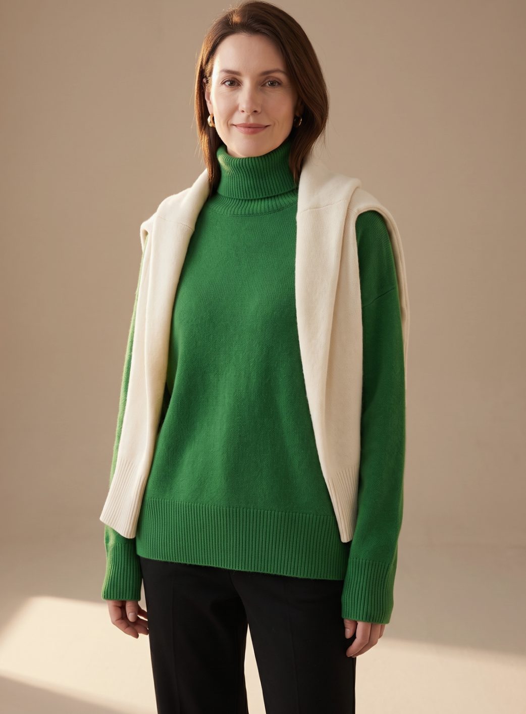Women's Relaxed Oversized Soft Knit Jumper with High Rib Collar - Green