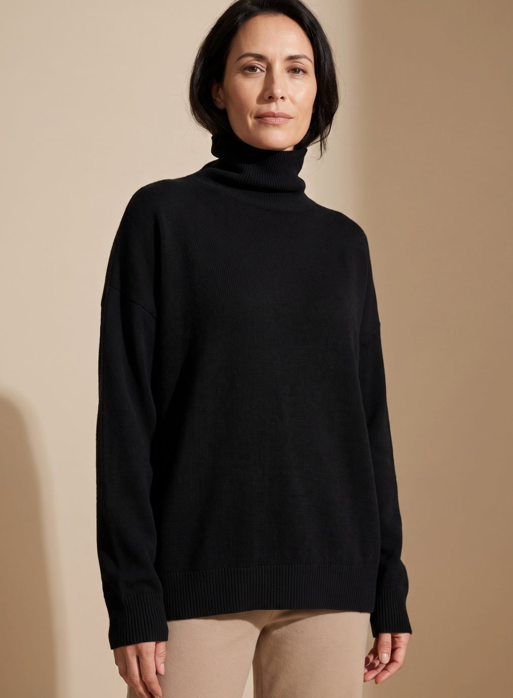 Women's Relaxed Oversized Soft Knit Jumper with High Rib Collar - Black