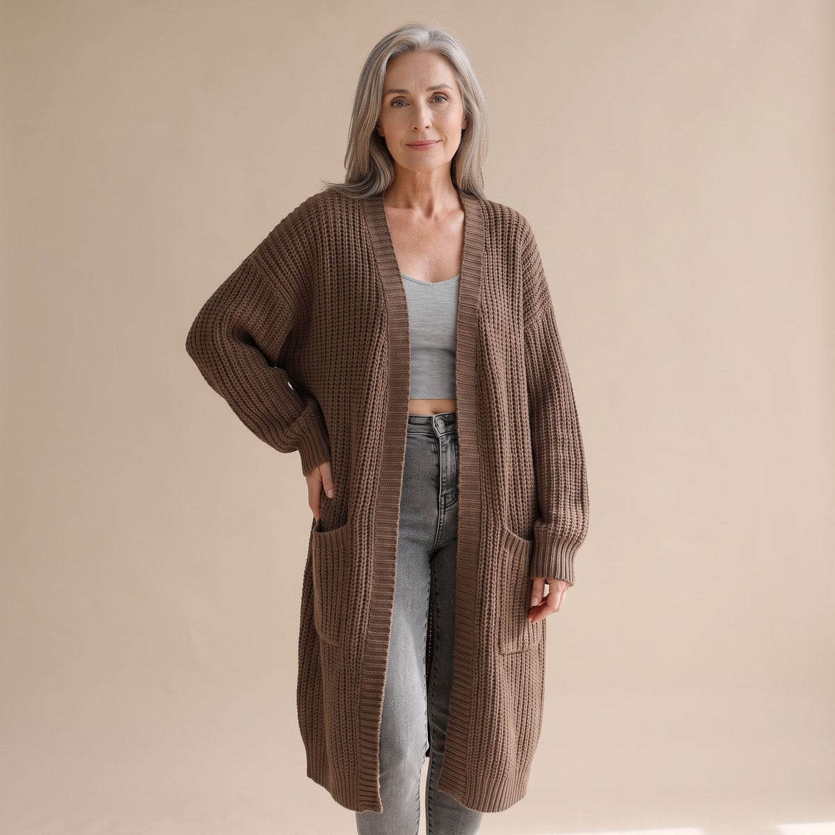Women's Soft Longline Chunky Rib Cardigan for Home and Weekends - Brown