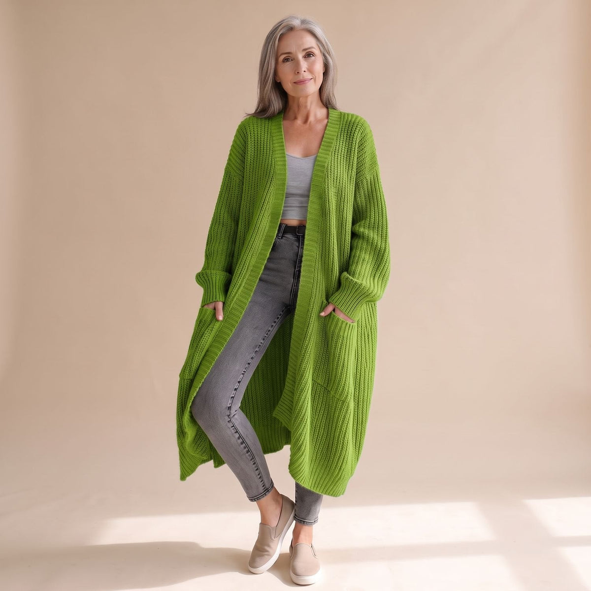 Women's Soft Longline Chunky Rib Cardigan for Home and Weekends - Olive Green
