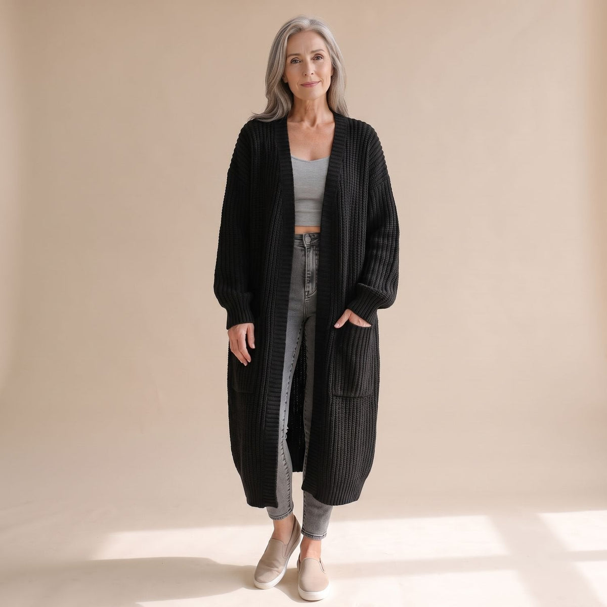 Women's Soft Longline Chunky Rib Cardigan for Home and Weekends - Black