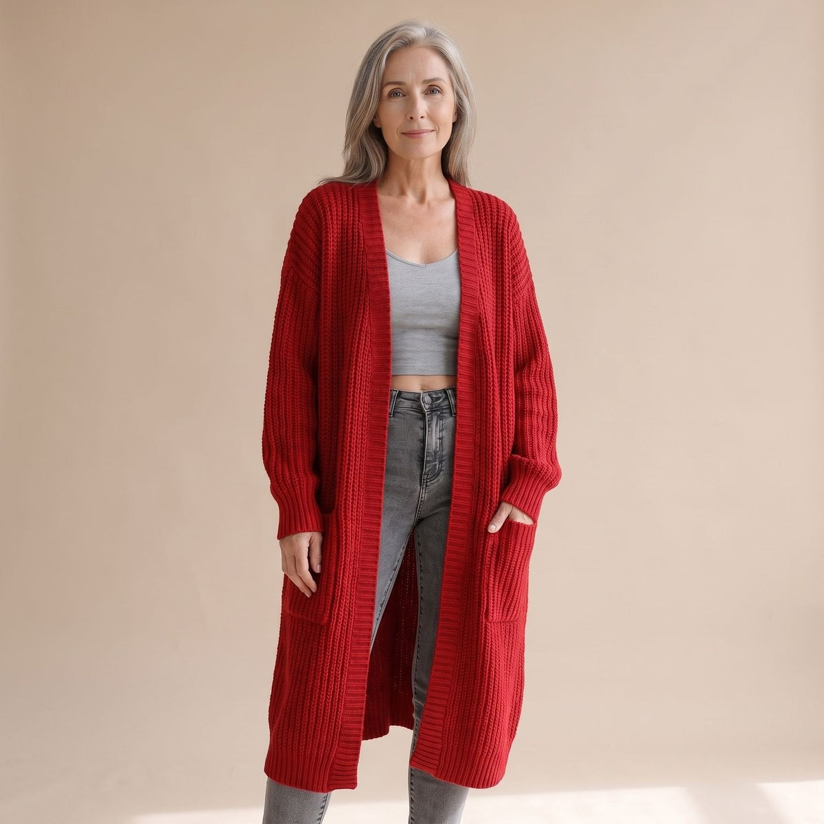 Women's Soft Longline Chunky Rib Cardigan for Home and Weekends - Red