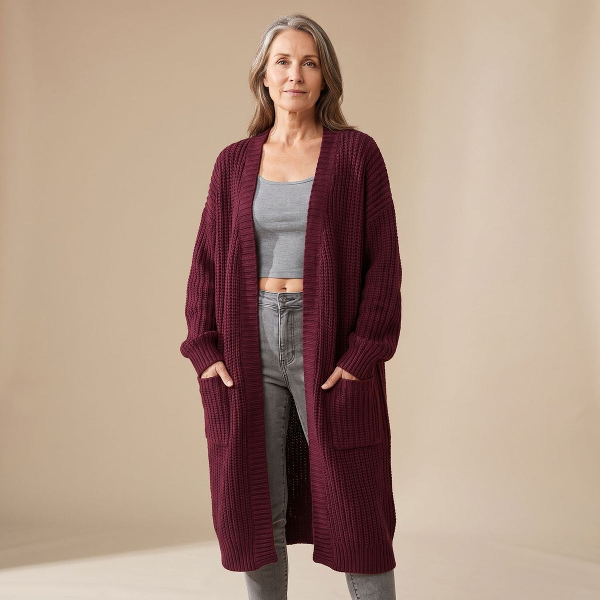Women's Soft Longline Chunky Rib Cardigan for Home and Weekends - Crimson