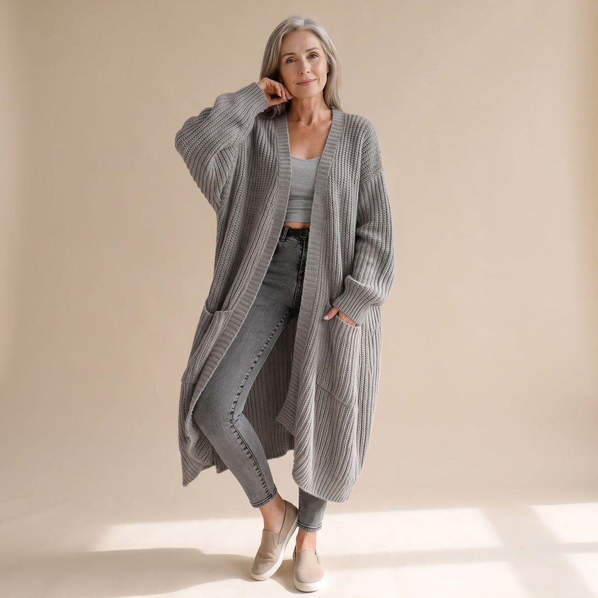 Women's Soft Longline Chunky Rib Cardigan for Home and Weekends - Grey