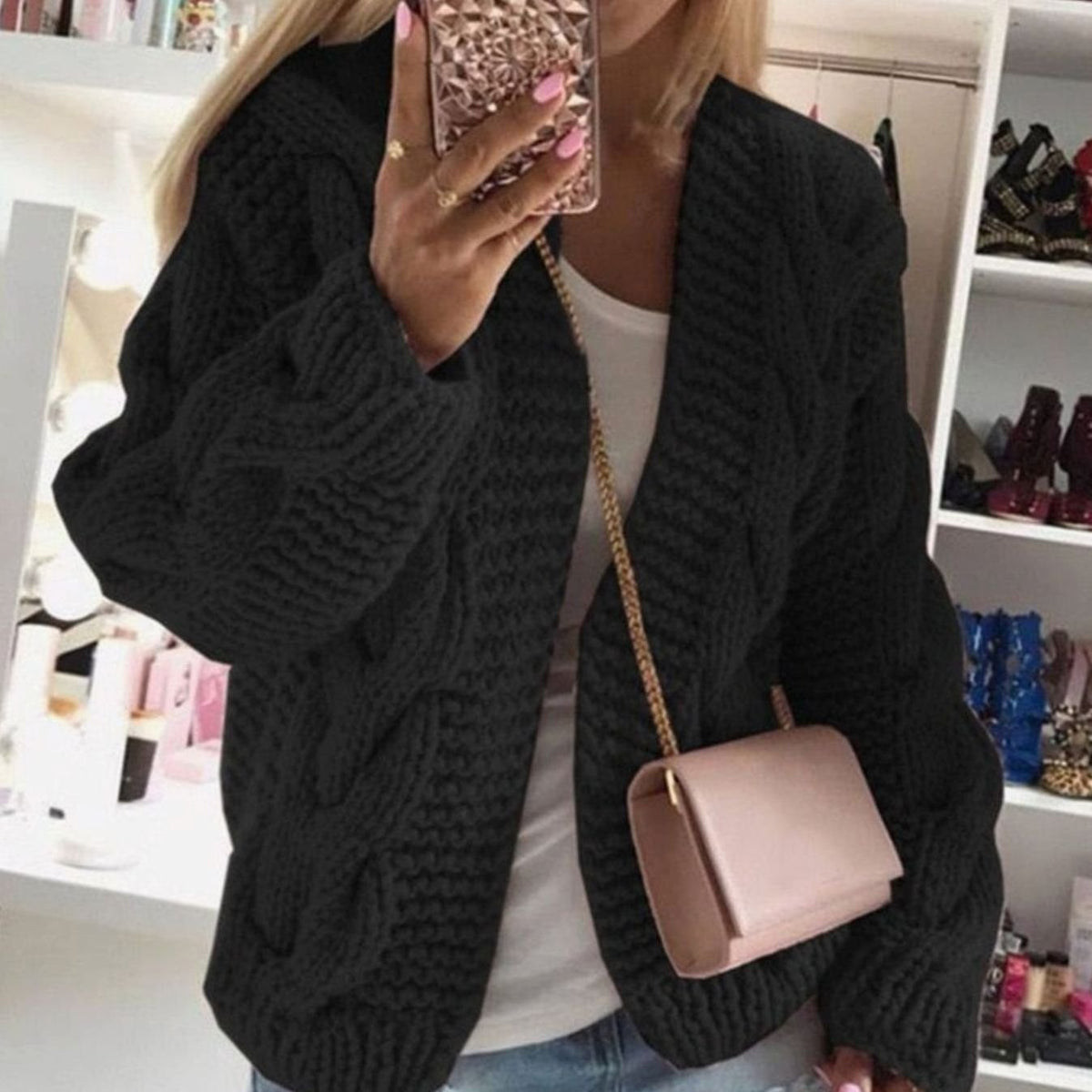 Women's Open-Front Oversized Cardigan in Chunky Cable Knit - Black