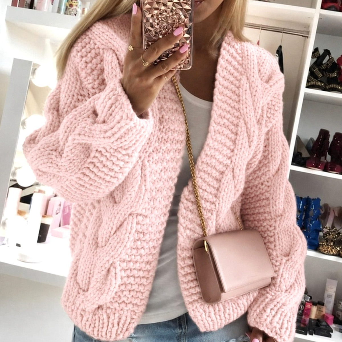 Women's Open-Front Oversized Cardigan in Chunky Cable Knit - Pink