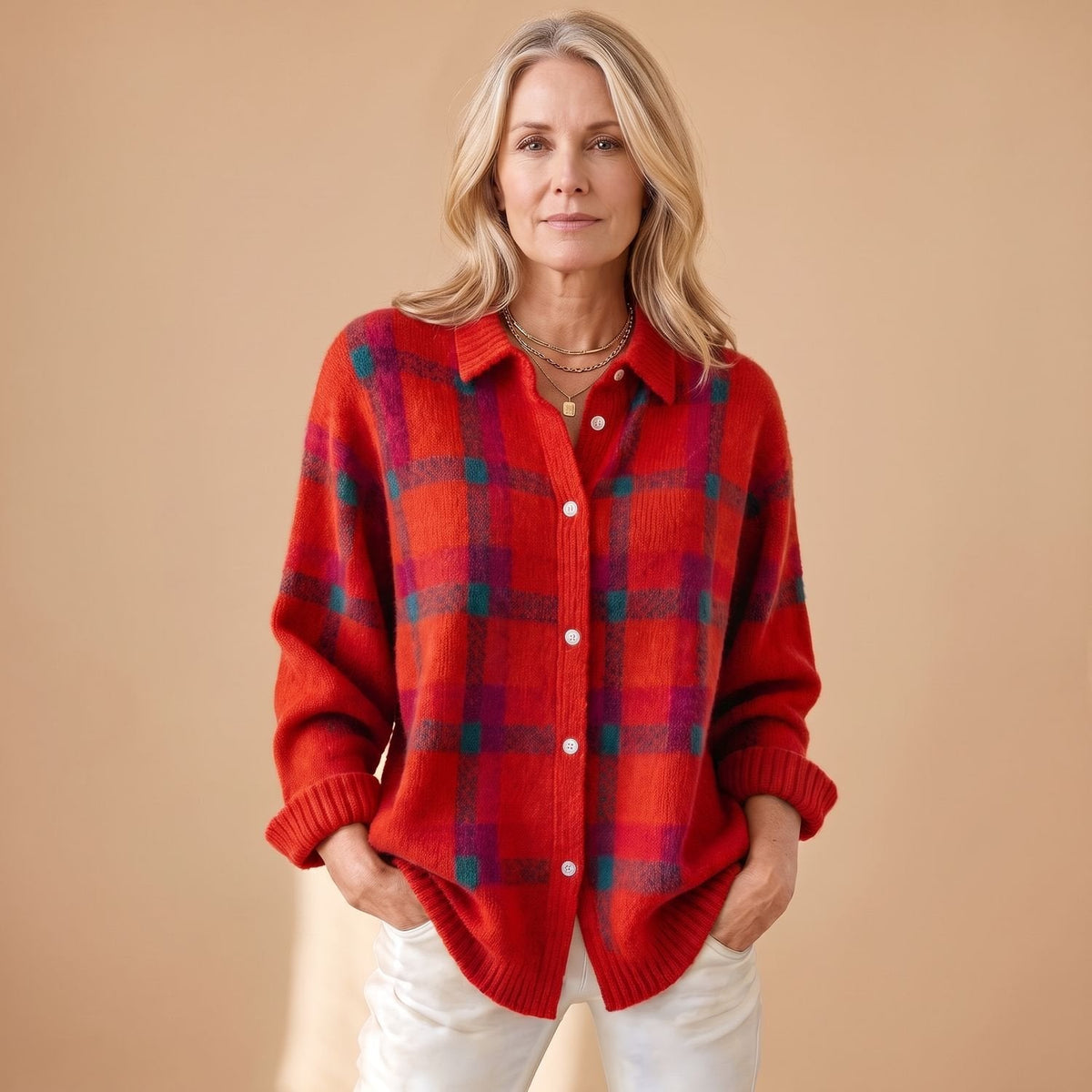 Women's Vintage Check Snap-Front Shirt Cardigan - Red