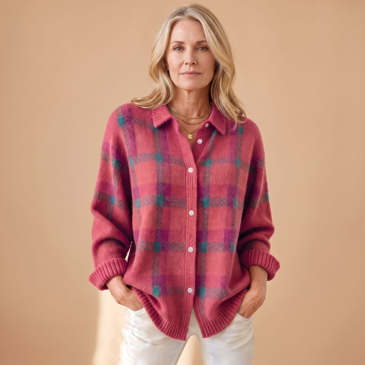 Women's Vintage Check Snap-Front Shirt Cardigan - Pink