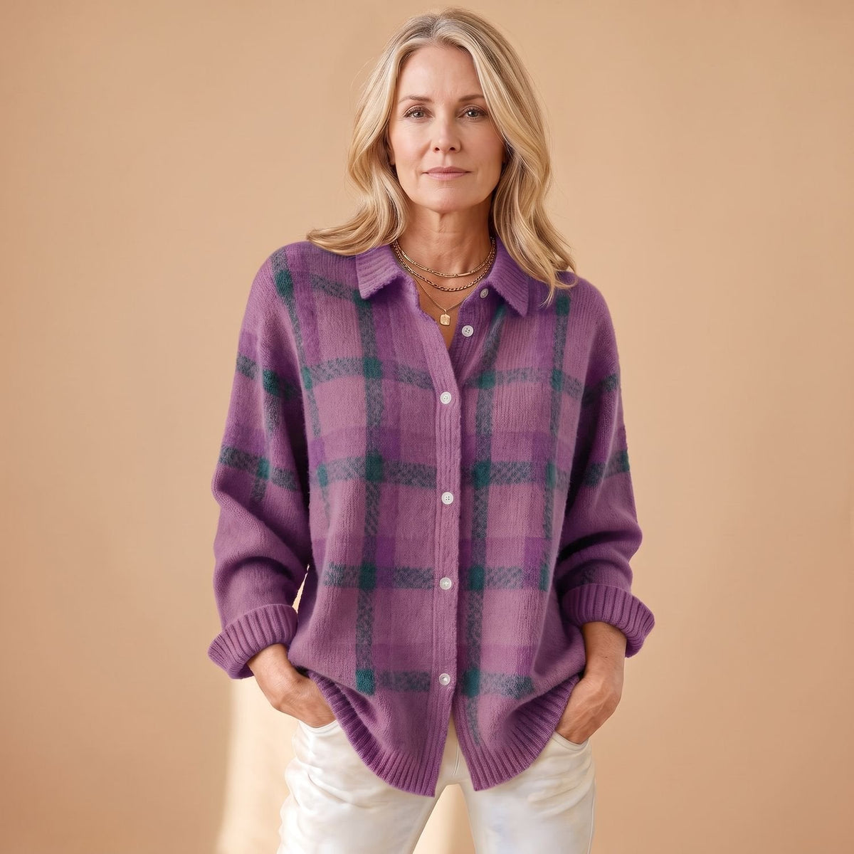Women's Vintage Check Snap-Front Shirt Cardigan - Purple