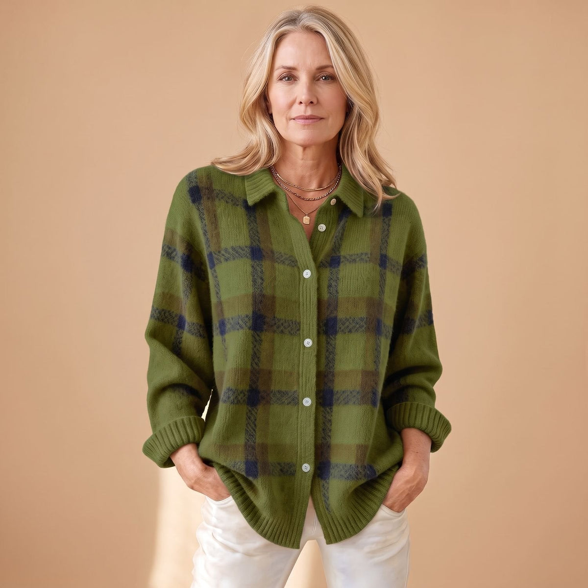 Women's Vintage Check Snap-Front Shirt Cardigan - Green