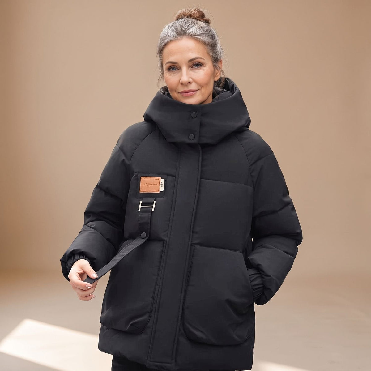 Women's Roomy Quilted Utility Jacket with Large Attached Hood - Black