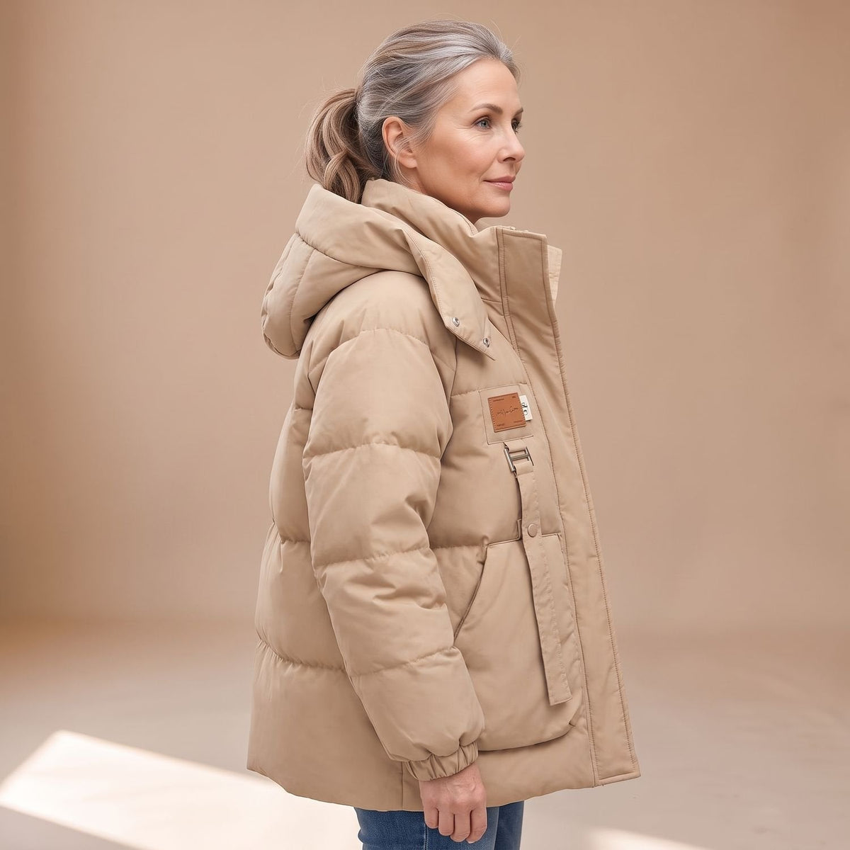 Women's Roomy Quilted Utility Jacket with Large Attached Hood - Khaki