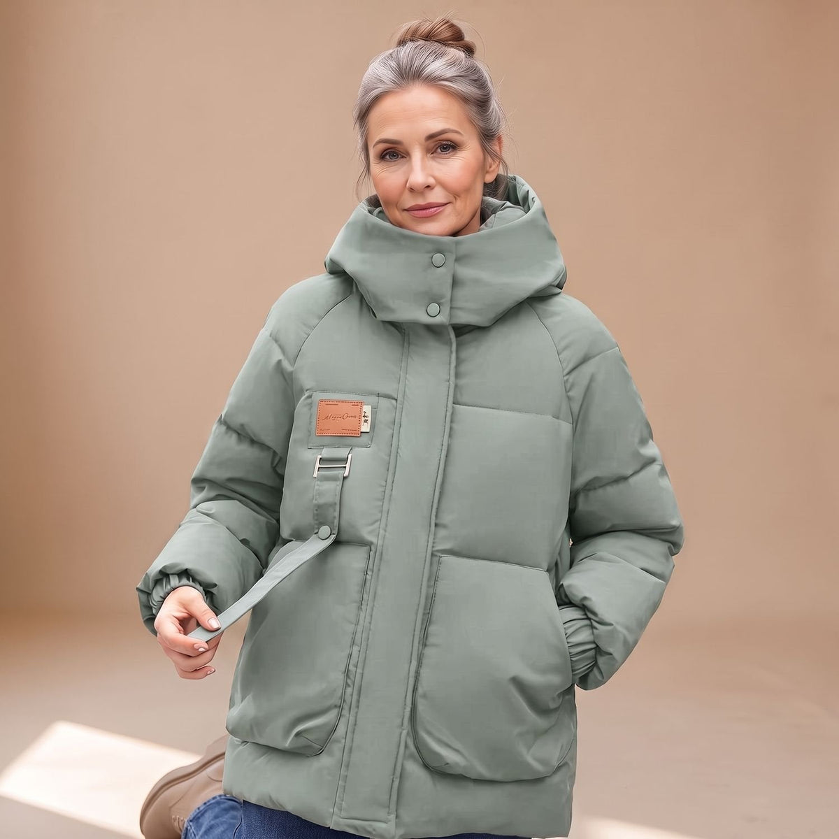 Women's Roomy Quilted Utility Jacket with Large Attached Hood - Green