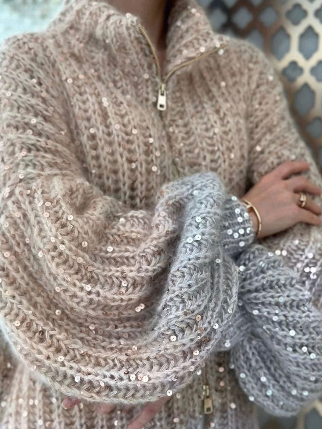 Women's Shimmer Rib-Knit Zip-Collar Cardigan with Sequins