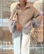 Women's Shimmer Rib-Knit Zip-Collar Cardigan with Sequins
