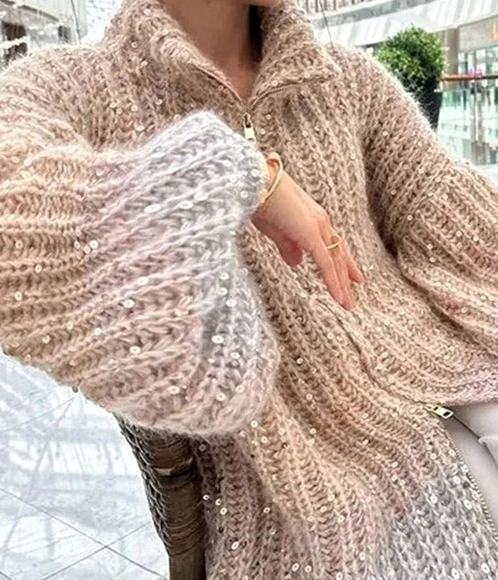 Women's Shimmer Rib-Knit Zip-Collar Cardigan with Sequins