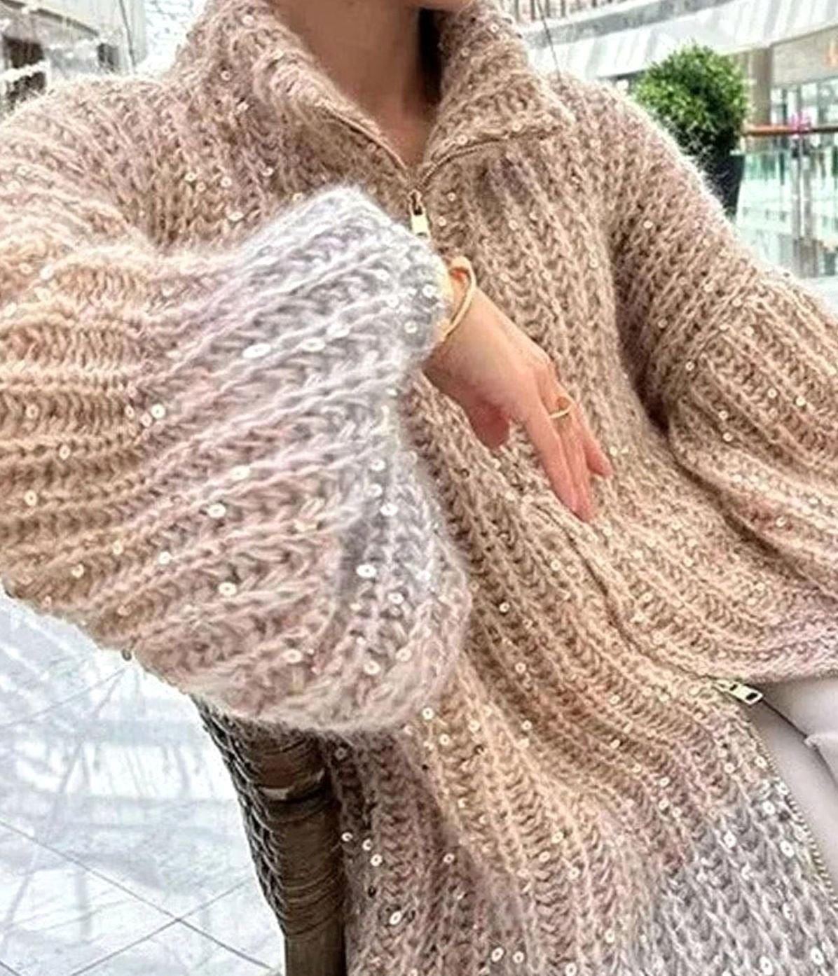 Women's Shimmer Rib-Knit Zip-Collar Cardigan with Sequins